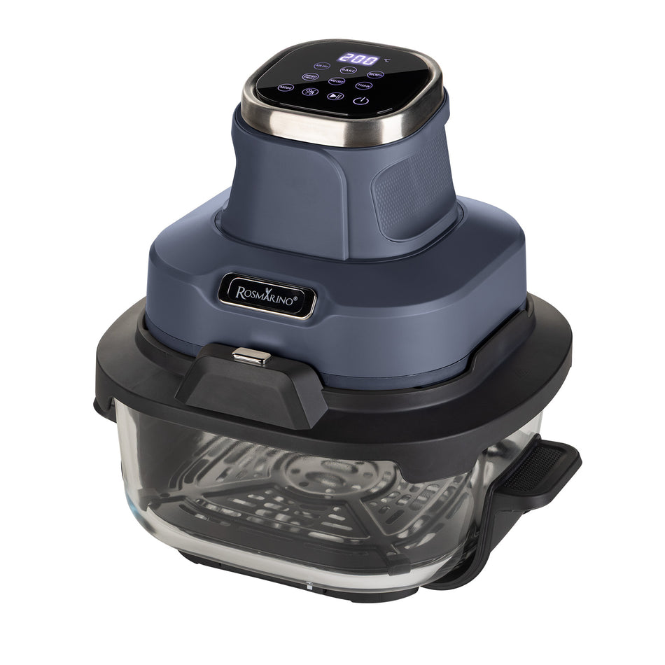 Přenosná skleněná horkovzdušná fritéza Rosmarino Airfryer Crispy PRO Series 6 v 1 – 4,5 l + 1,8 l, modrá