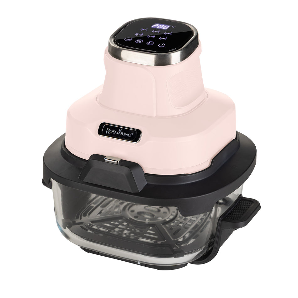 Přenosná skleněná horkovzdušná fritéza Rosmarino Airfryer Crispy PRO Series 6 v 1 – 4,5 l + 1,8 l, růžová